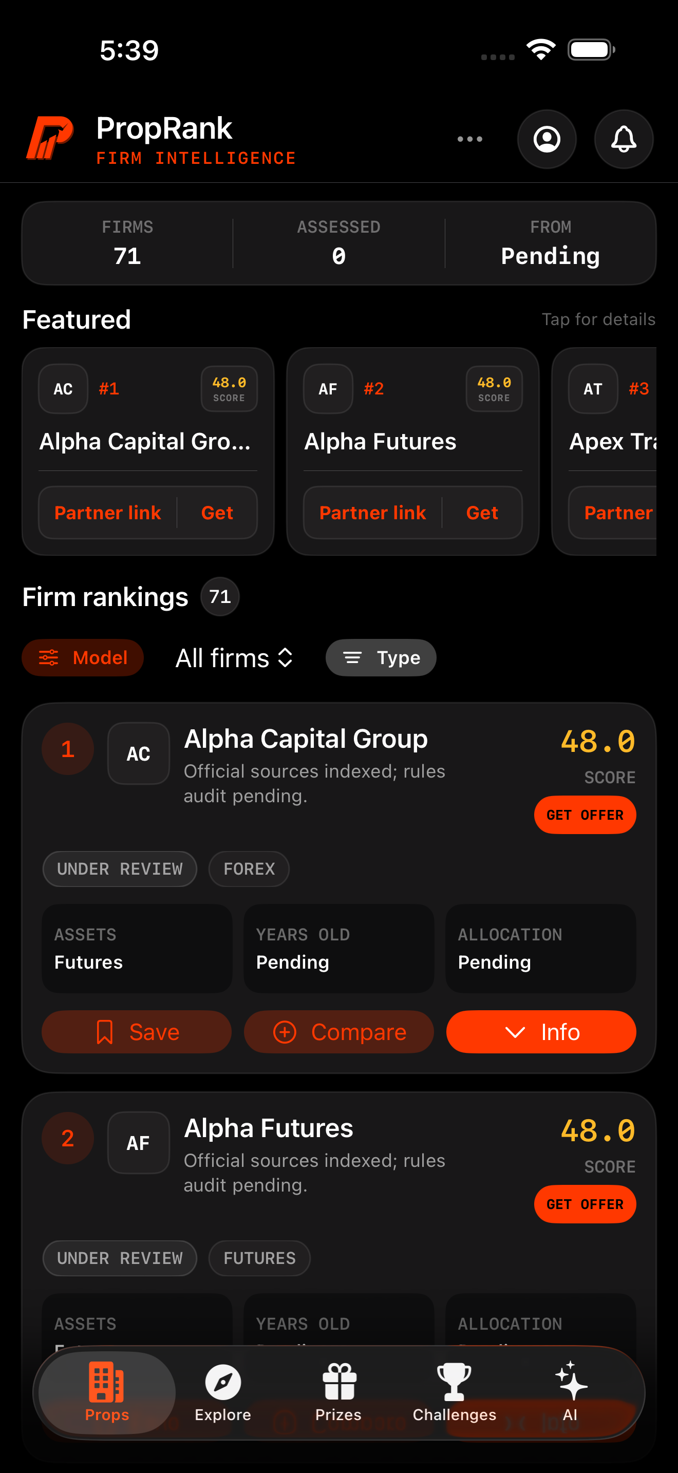 PropRank iPhone app showing featured firms and the evidence-backed prop-firm rankings board.